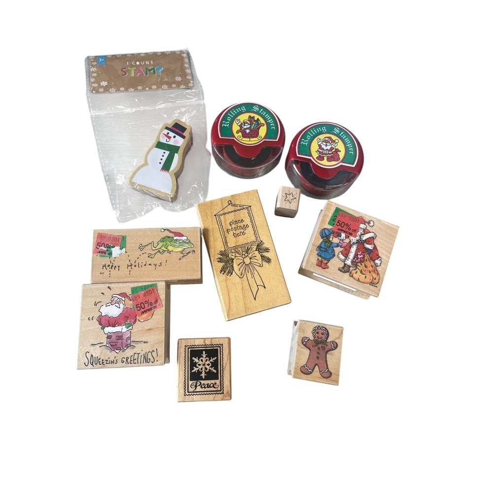 Christmas Holiday Rubber Stamp Lot Mixed Wood Mount Rolling Stamper